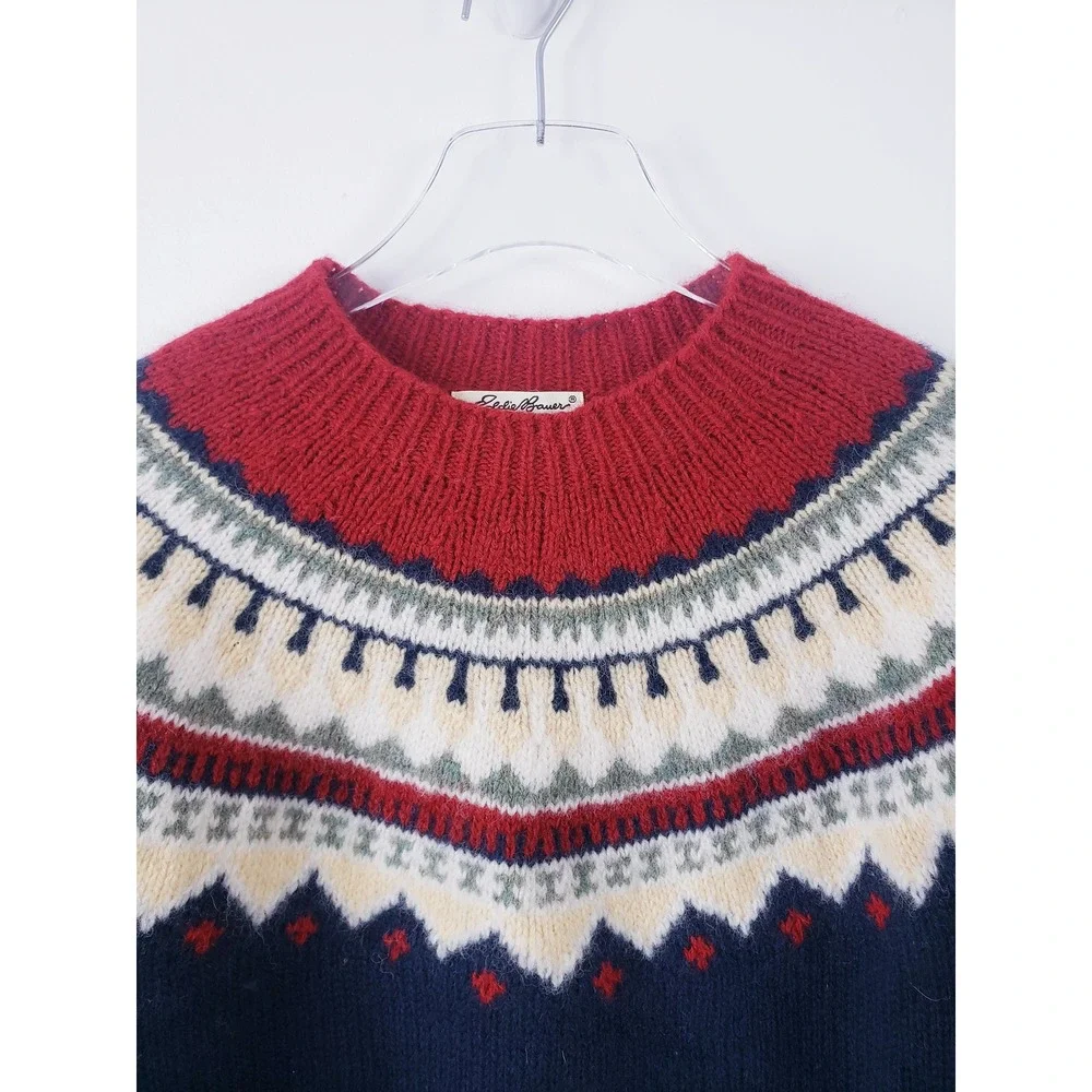 Eddie Bauer Fair Isle Wool Sweater Navy Blue Red Crewneck Womens Petite Medium - Picture 3 of 5